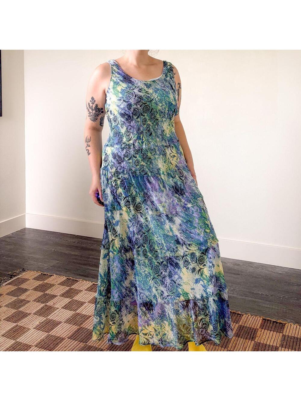 Watercolor Fairy Dress Floral Tiered Ruffle Sleeveless Maxi